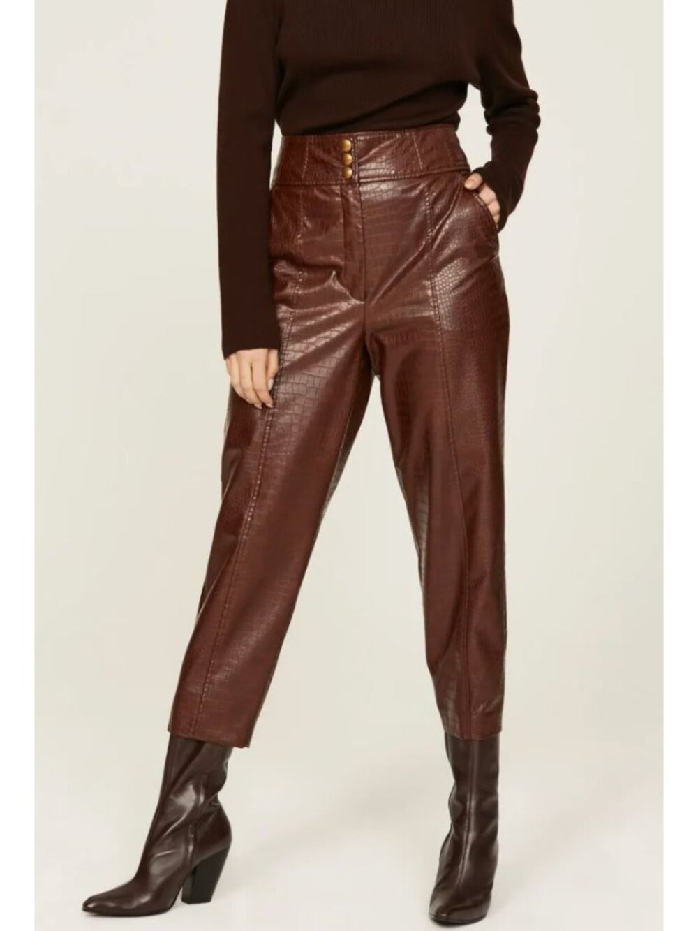 Veronica Beard Carabella Pants Faux Vegan Croc Leather Brown Size 0